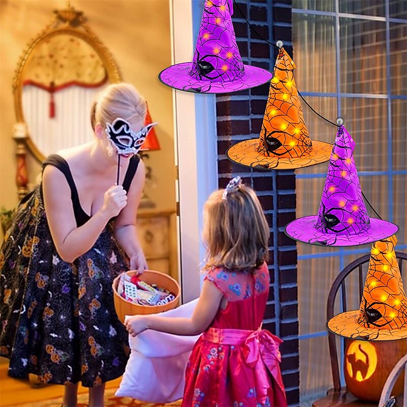 Halloween Decorations 8pcs LED Witch Hat, with Remote Control, Outdoor Tree Hanger 40LED Battery Powered Light for Halloween Party Garden Yard Home Horror Atmosphere Decorations2