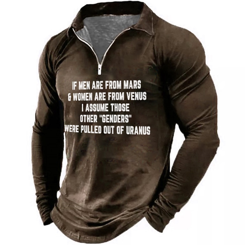 Men's Funny Graphic Long Sleeve Polo Tee | "Other Genders From Uranus" Pun Humor Shirt with Zipper Collar4
