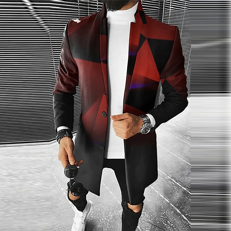 Men's Color Block Geometry Winter Coat Overcoat Coat Warm Comfortable Breathable Fashion Streetwear Business Work Wear to work Going out Pocket Print Fall & Winter Turndown Long Sleeve Red Burgundy3