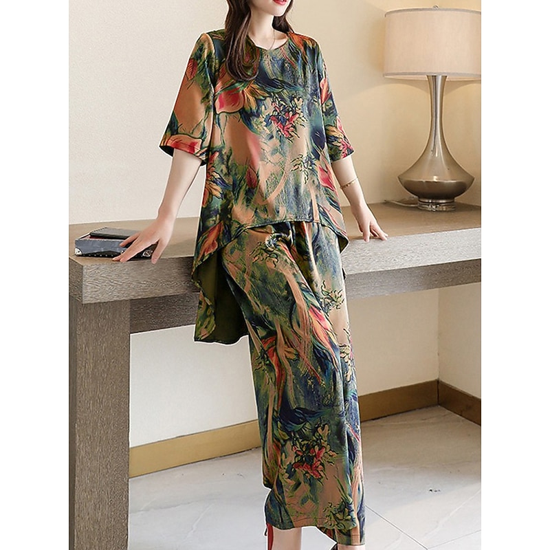 Women's Loungewear Sets Flower Fashion Casual Comfort Street Daily Date Breathable Crew Neck Short Sleeve T shirt Tee Pant Pocket Summer Spring Home Outfits3