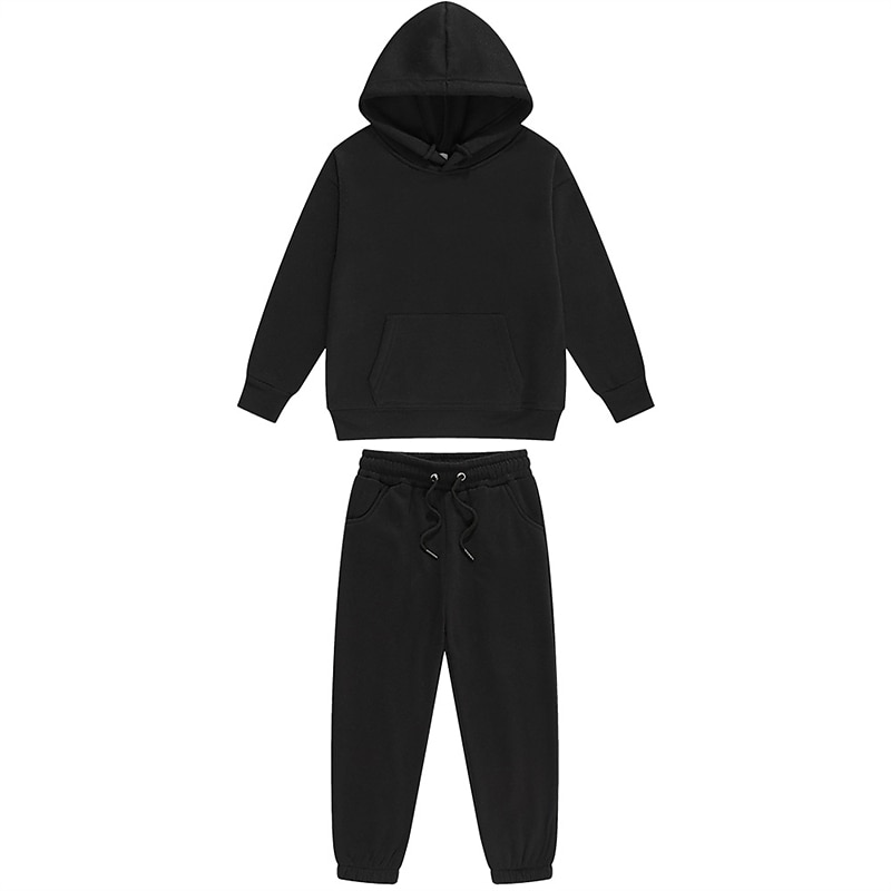 2 Pieces Kids Girls' Solid Color Pocket Hoodie & Sweatpants Set Set Long Sleeve Active School 7-13 Years Fall Light Blue fluorescent green Black2
