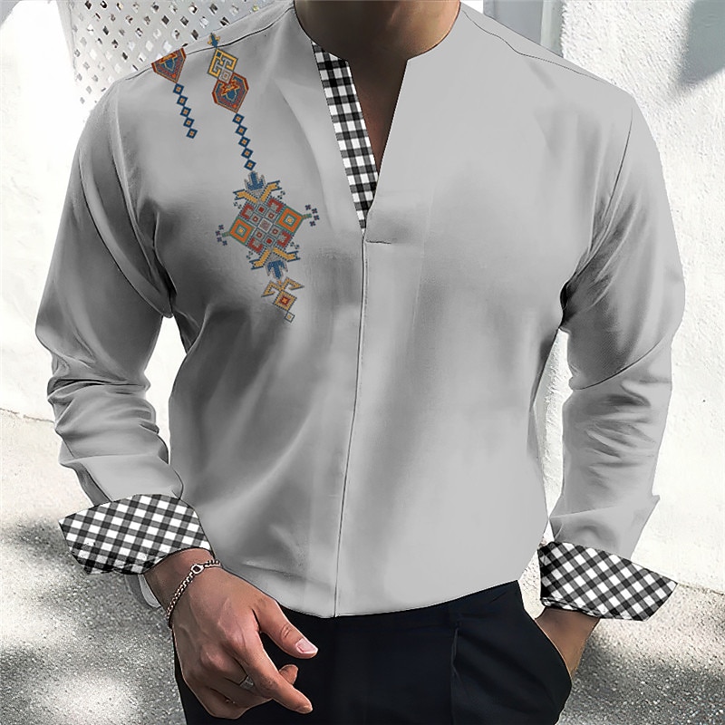 Men's Tribal Vintage Geometry Shirt Button Up Shirt Long Sleeve Fashion Streetwear Designer Outdoor Casual Daily Summer Fall V Neck Print Black Pink Blue Green Khaki2