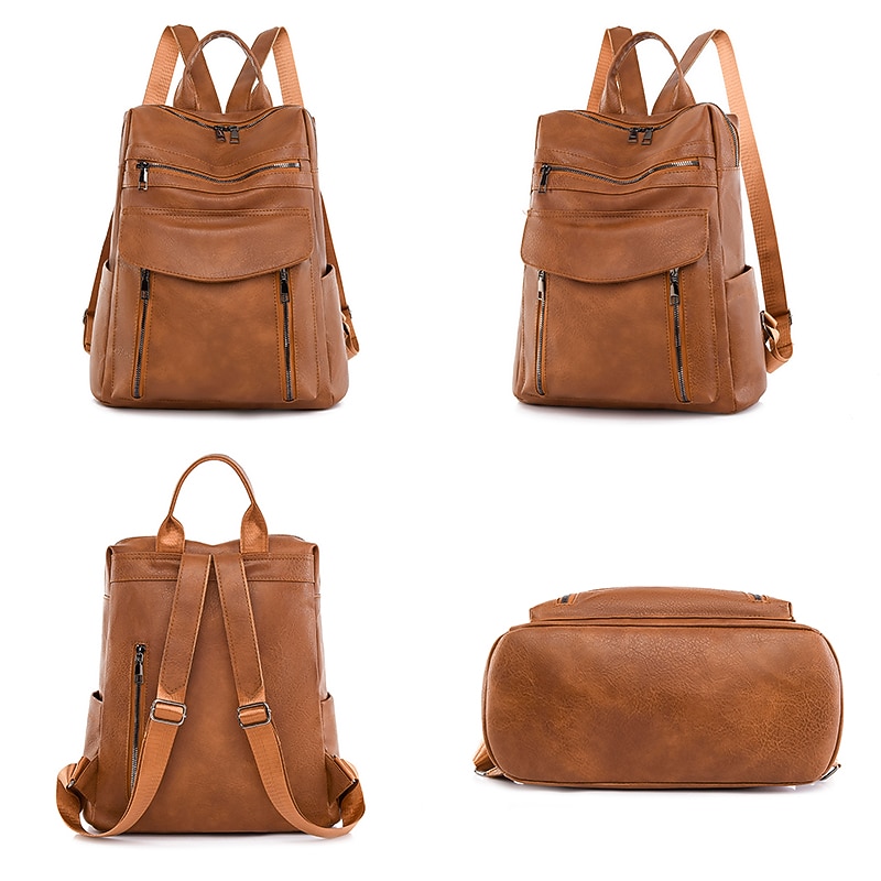 Women's Brown Faux Leather Backpack – Vintage Style Travel Daypack with Multiple Zipper Pockets for School, Work, and Casual Outings2