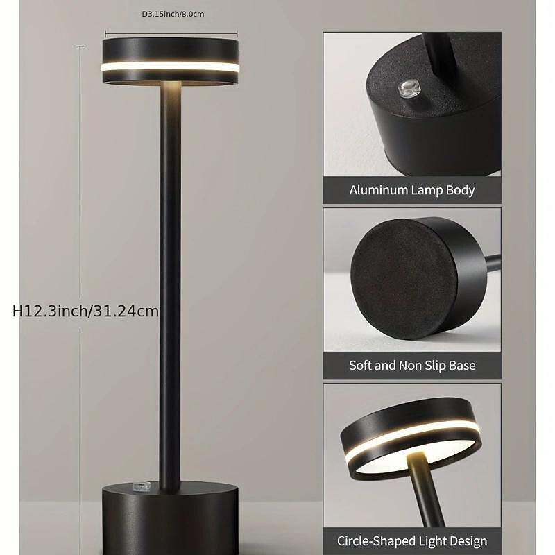 Led Rechargeable Cordless Table Lamp Aluminum Bedroom Bar Restaurant with Touch Control LED Lamp for Home Office Bedroom Hotel Restaurant 3-Level Brightness Settings3