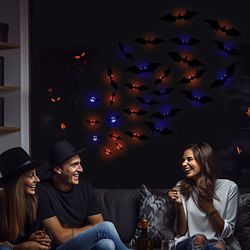 Halloween 12/24pcs LED Light Bats Wall Decor, 3D Bat Halloween Decorations Indoor Bat Stickers, Waterproof Black Spooky DIY Bats for Home Decor Indoor Outdoor Party Decoration3