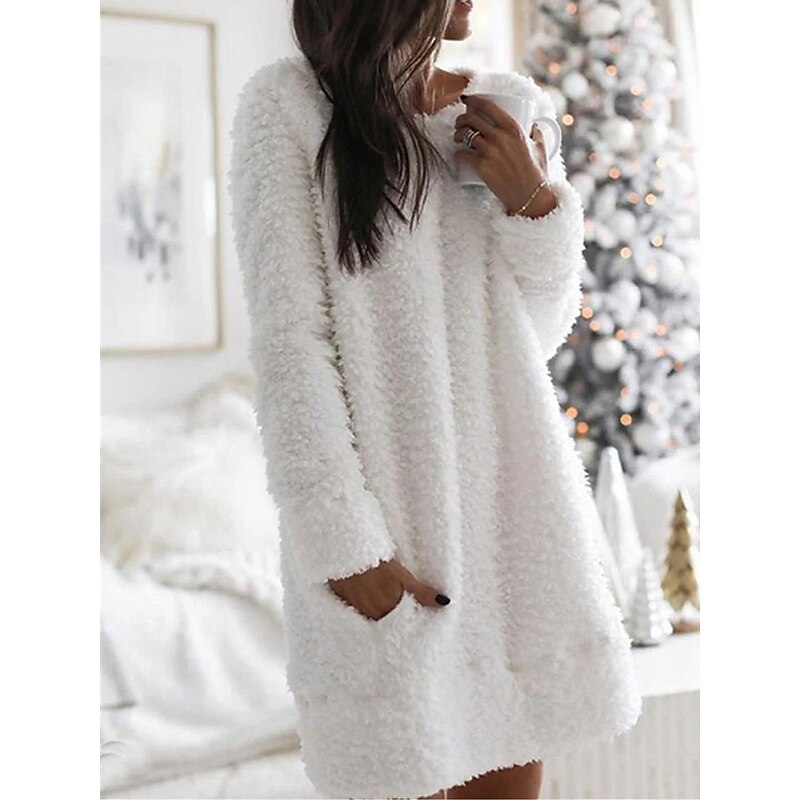 Women's Sweater Dress Stylish Soft Solid Color Fuzzy Crew Neck Pocket Long Sleeve Knit Home Daily Black White Fall Winter