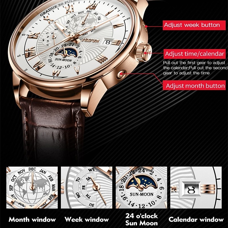 Mechanical Watch for Men Business Luxury Analog Wristwatch CalendarAutomatic Self-winding Moon Phase Waterproof Noctilucent Genuine Leather Watch Gift2