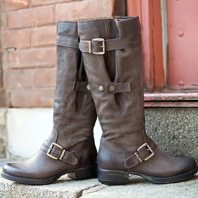 Women's Purple Faux Leather Knee-High Boots with Buckle Straps and Side Zipper, Vintage Style Motorcycle Boots for Outdoor and Casual Wear3