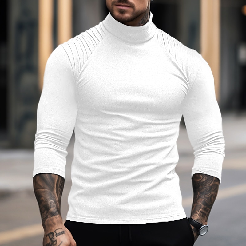 Men's T Shirt Tee Top Long Sleeve Turtleneck Summer Plain Slim Pleated Fashion Designer Basic Vacation Street Going out Black White Navy Blue Top Tee for Men4