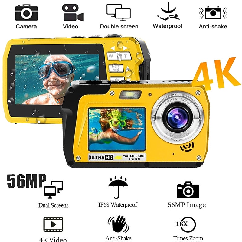 4K30FPS Waterproof Camera 56MP Underwater Cameras UHD Video Recorder Selfie IPS Dual Screens(3/2) 10FT Waterproof Digital Camera for Snorkeling on Vacation 1700mAh3