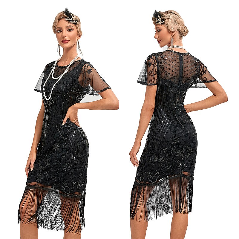 Roaring 20s Vintage Inspired The Great Gatsby Short Length Outfits Party Costume Masquerade Illusion Sleeve The Great Gatsby Wedding Guest Sequins Tassel Fringe Sequin Tassel Round Neck Fancy Dress4
