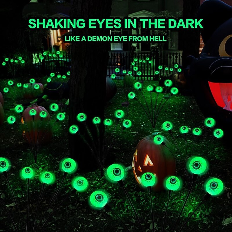 Halloween Decorations Outdoor Solar Scary Eyeball Lights,2 Pack 12 LED Green Eyeball Swaying Firefly Lights,Waterproof Solar Halloween Path Lights for Yard/Garden/Lawn/Party Decor3