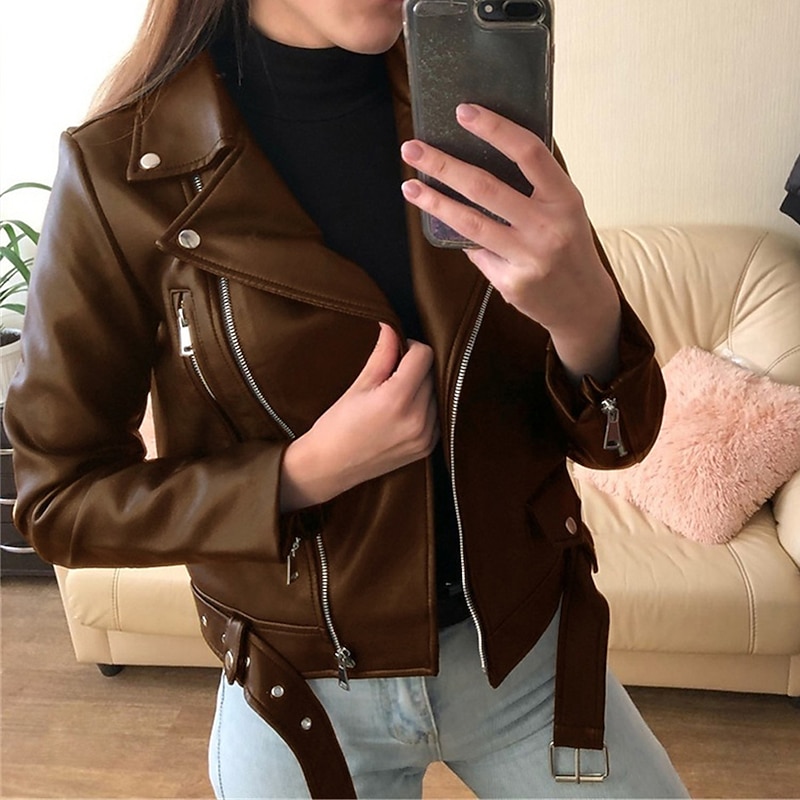 Women's Faux Leather Jacket Full Zip Motorcycle Jacket Moto Biker Coat Waterproof Streetwear Regular Fit Outerwear With Belt Long Sleeve Fall Black3