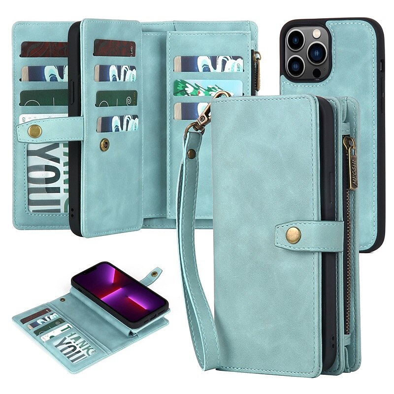 Phone Case For iPhone 15 14 Pro Max Plus 13 12 11 Pro Max Wallet Case with Stand Holder Magnetic Zipper Solid Color PU Leather
