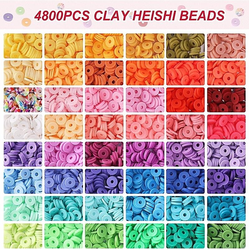 4800pcs Clay Beads for Bracelet Making Kit 48 Colors Flat Round Polymer Clay Spacer Heishi Beads for Jewelry Making, for Girls 8-12, Preppy, Gift Pack4