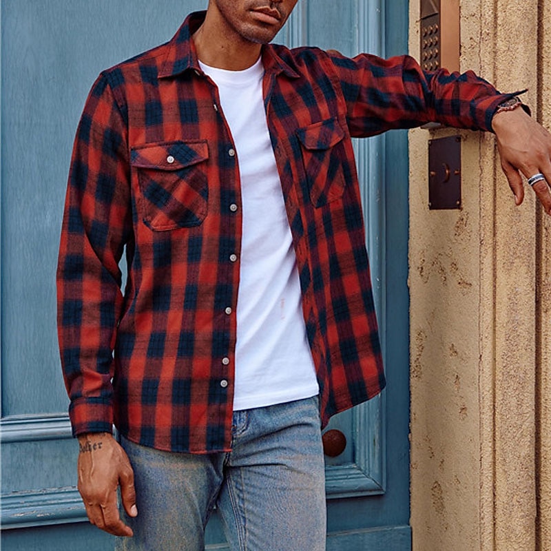 Men's Shirt Flannel Shirt Plaid Shirt Button Up Shirt Overshirt Plaid / Check Outdoor Daily Wear White Wine Red Navy Blue Long Sleeve Lapel Spring &  Fall Clothing Apparel Front Pocket2