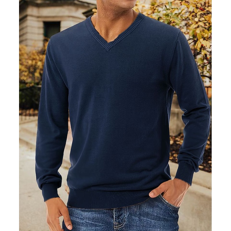 Men's Pullover Sweater Jumper Jumper Ribbed Knit Regular Knitted Solid Color V Neck Modern Contemporary Work Daily Wear Clothing Apparel Winter Camel Black S M L3