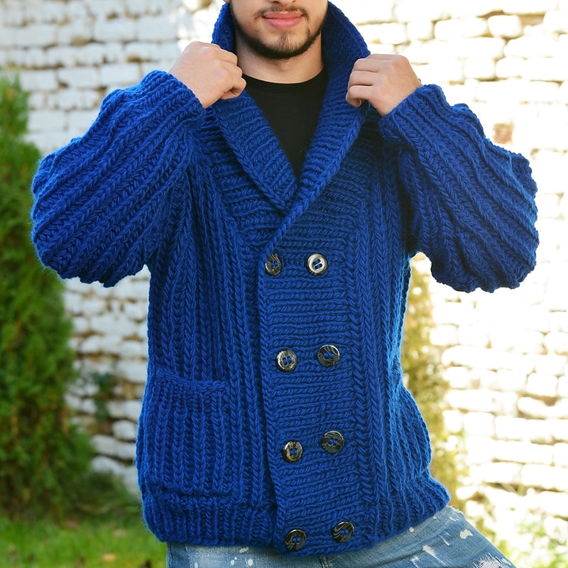 Men's Cardigan Sweater Cardigan Sweater Jacket Chunky Knit Regular Double Breasted Solid / Plain Color Shawl Collar Clothing Apparel Drop Shoulder Fall & Winter Royal Blue M L XL3