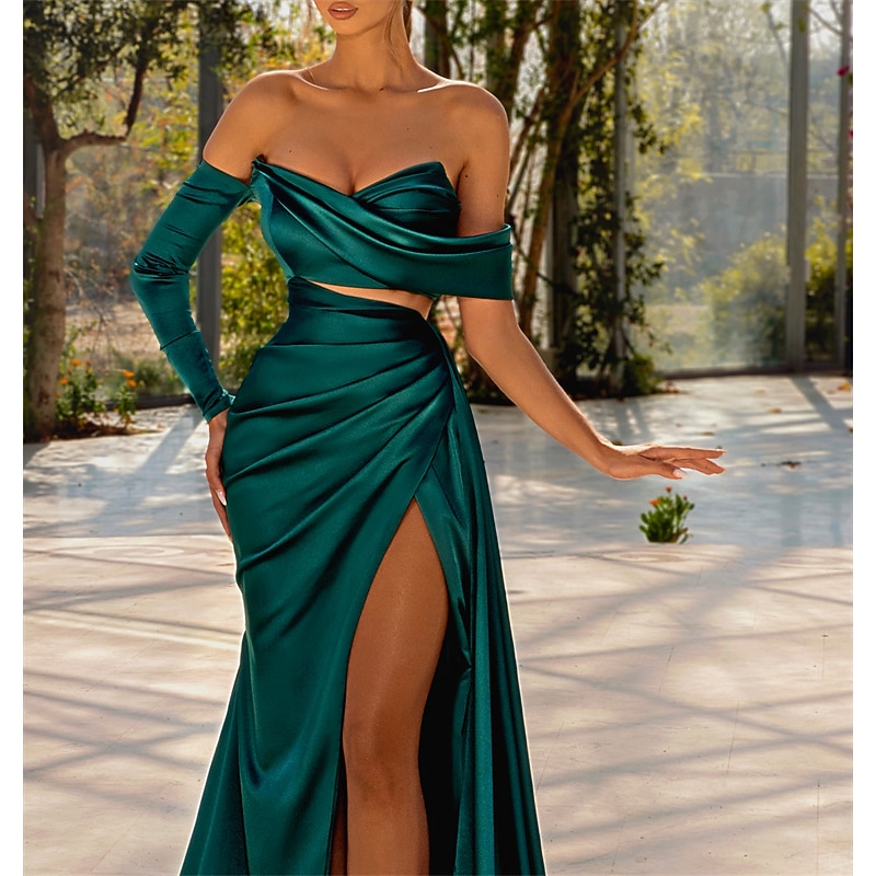Beach Wedding Mermaid Evening Gown Sexy Dress Formal Wedding Guest Floor Length Long Sleeve Off Shoulder Satin with Ruched Slit Masquerade Dress3