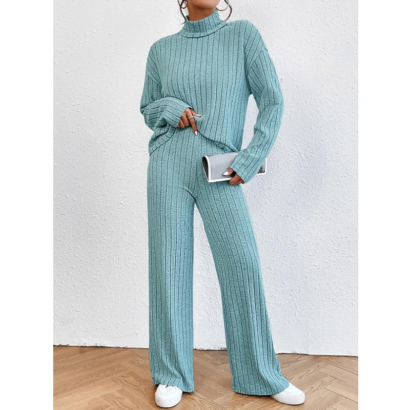 Women's Warm Neon & Bright Shirt Pants Sets Pants Trousers Long Sleeve Turtleneck Solid Color Casual Daily Black Army Green Blue Fall & Winter Regular Fit3