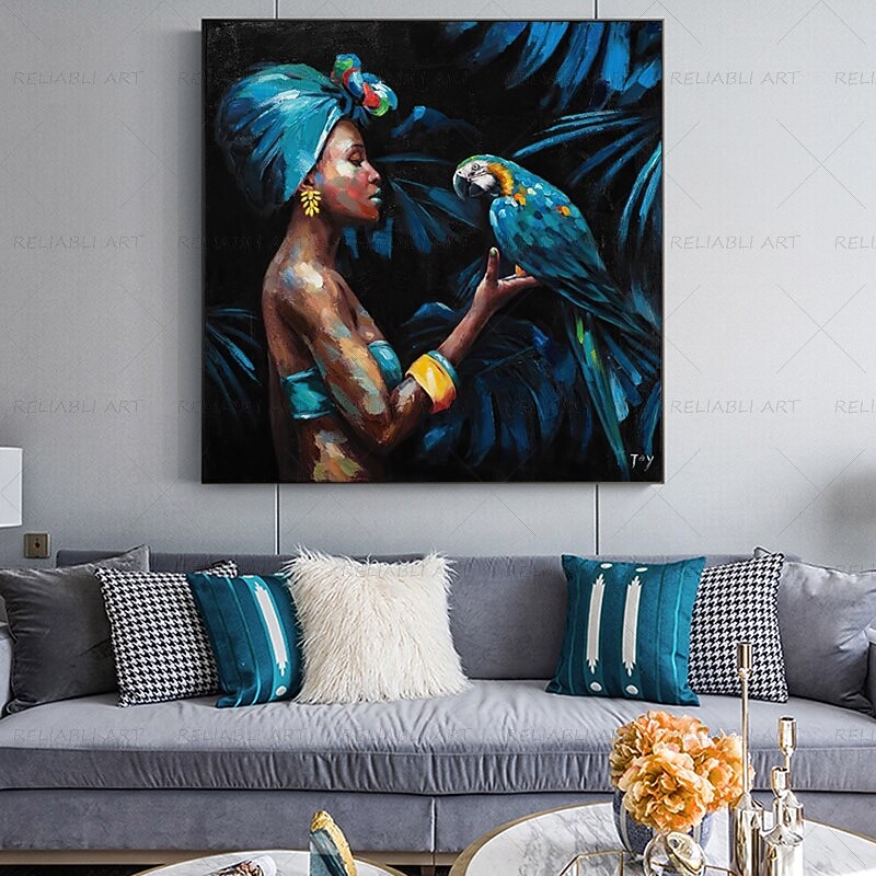 Large Handmade African Woman painting Hand Painted Oil Painting Wall Art Nordic Parrot African Woman Canvas Abstract Painting Wall Art Pictures home Decor Rolled Canvas No Frame Unstretched3