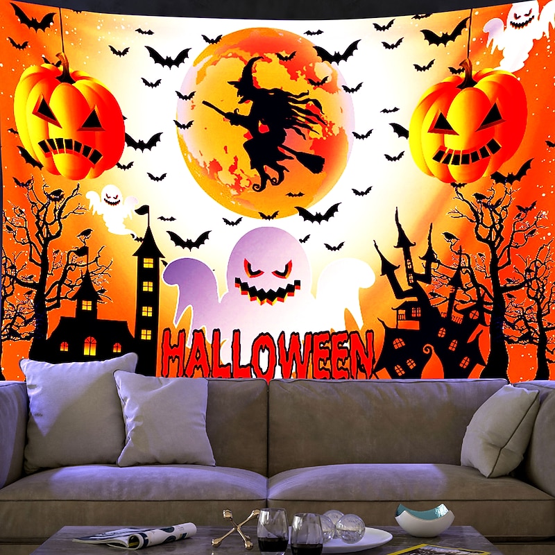 Halloween Decorations Backlight Tapestry UV Reactive Wall Hanging Pumpkin Cloth Fluorescent Home Decoration Background Cloth Art Home Bedroom Living Room Decoration