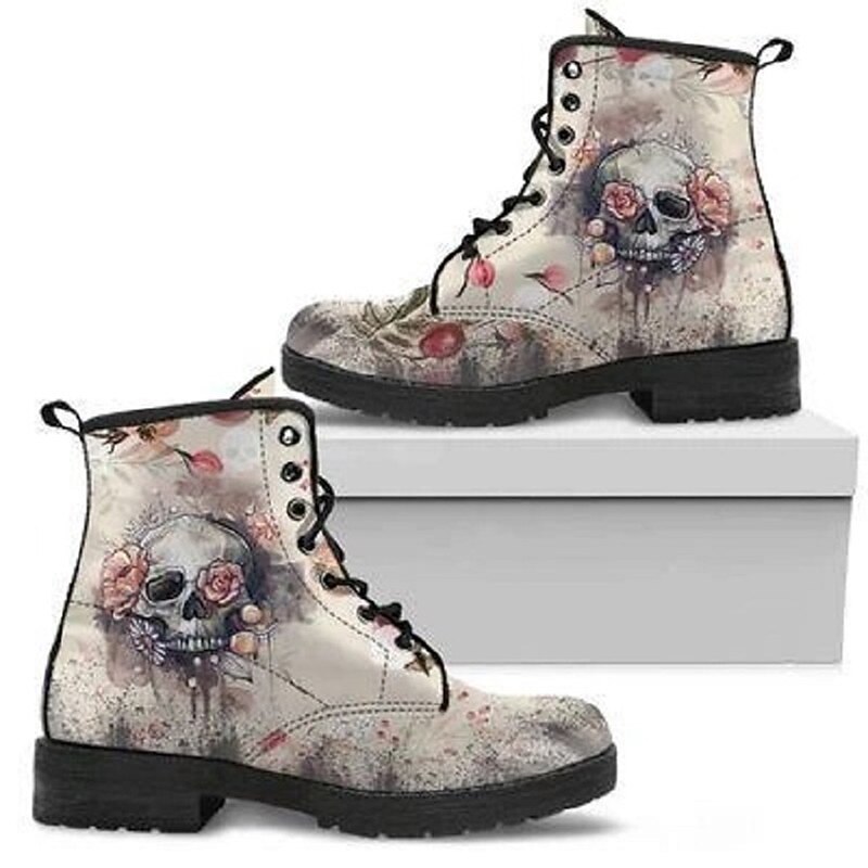 Women's Halloween Skull Print Combat Boots - Gothic Style Lace-Up Ankle Boots for Spooky Season3
