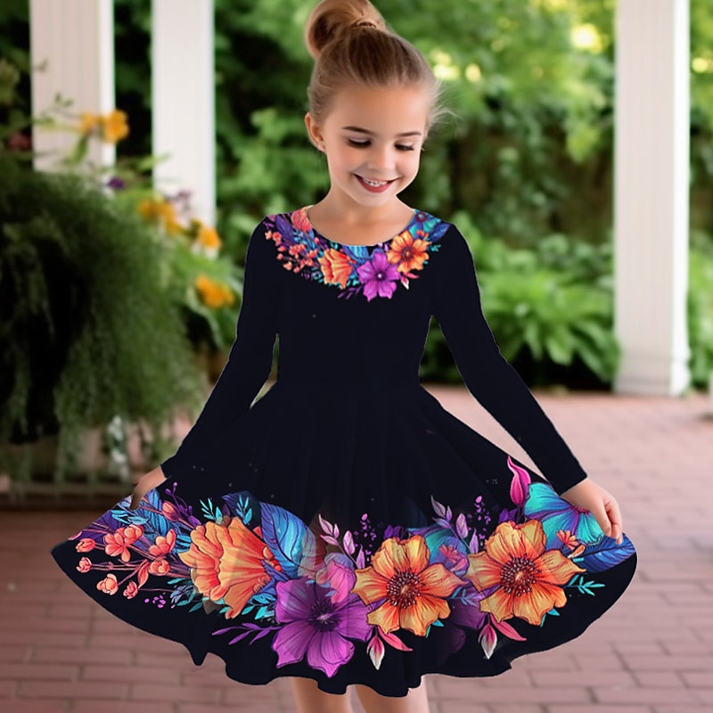 Easter Girls' 3D Floral Graphic Dress Long Sleeve 3D Print Summer Fall Vacation Sports & Outdoor Daily Cute Casual Beautiful Kids 3-12 Years Casual Dress A Line Dress Above Knee Regular Fit4