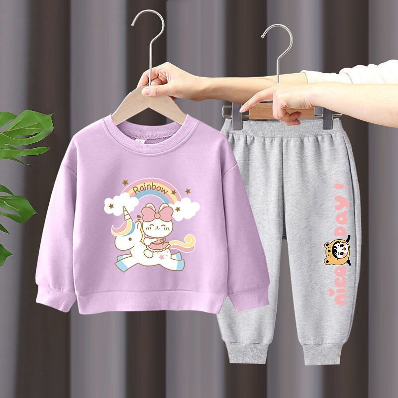 2 Pieces Kids Girls' Rainbow Crewneck Hoodie & Sweatpants Set Set Long Sleeve Active Outdoor Cotton 3-7 Years Spring Black unicorn sweater + nice black pants Black unicorn sweater + nice gray pants3