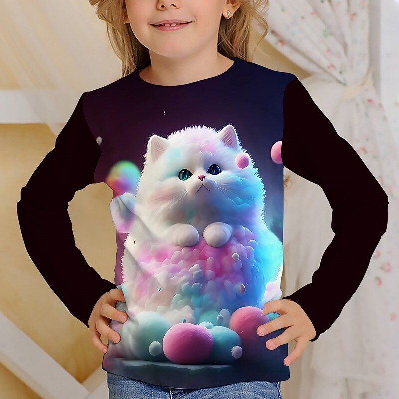 Girls' 3D Floral Cartoon Cat T shirt Tee Long Sleeve 3D Print Summer Fall Active Fashion Cute Kids 3-12 Years Outdoor Casual Daily Regular Fit3