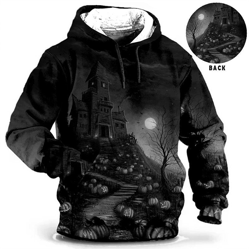 Men's Pumpkin Graphic Prints Hoodie Hoodies Sweatshirt Daily Classic Long Sleeve Hooded Halloween Holiday Going out Blue Brown Print Spring &  Fall Designer4