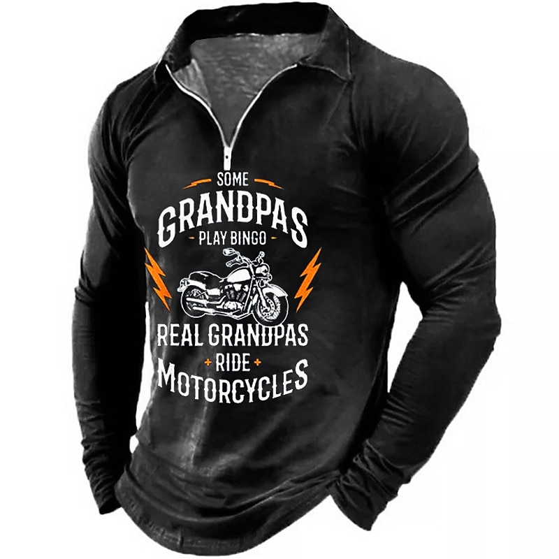 Men's Long Sleeve Graphic T-Shirt: 'Some Grandpas Play Bingo, Real Grandpas Ride Motorcycles' Funny Biker Grandpa Zipper Collar2