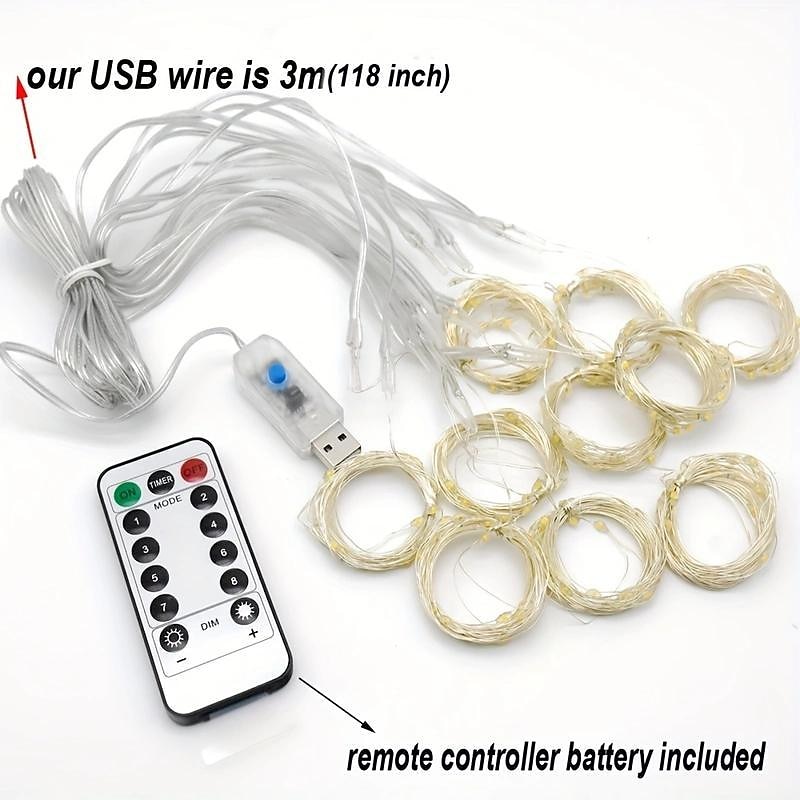LED Curtain Light Copper Wire with 8 Lighting Modes Remote Control USB Powered for Christmas Holiday Room Window Curtain Decoration4