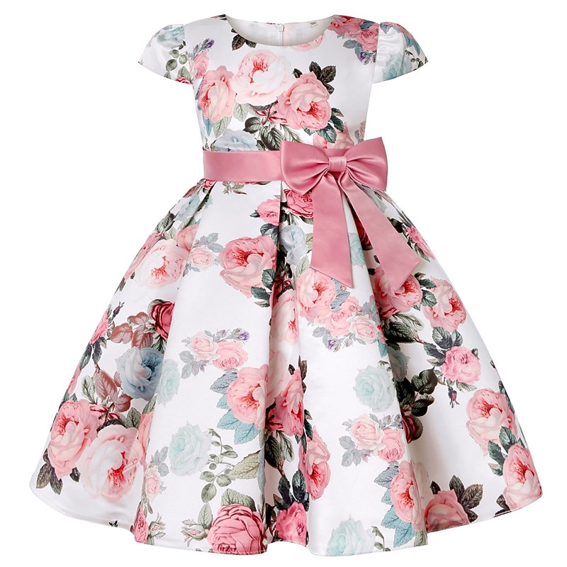 Kids Girls' Dress Party Dress Floral Flower Short Sleeve Performance Wedding Special Occasion Ruched Elegant Vacation Fashion Polyester Midi Party Dress Swing Dress Skater Dress Summer Spring 3-104