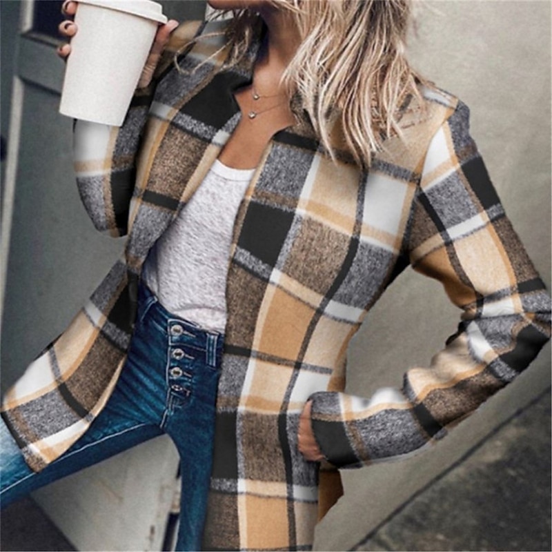 Women's Blazer Formal Pocket Plaid Windproof Streetwear Regular Fit Outerwear Long Sleeve Fall Black S2
