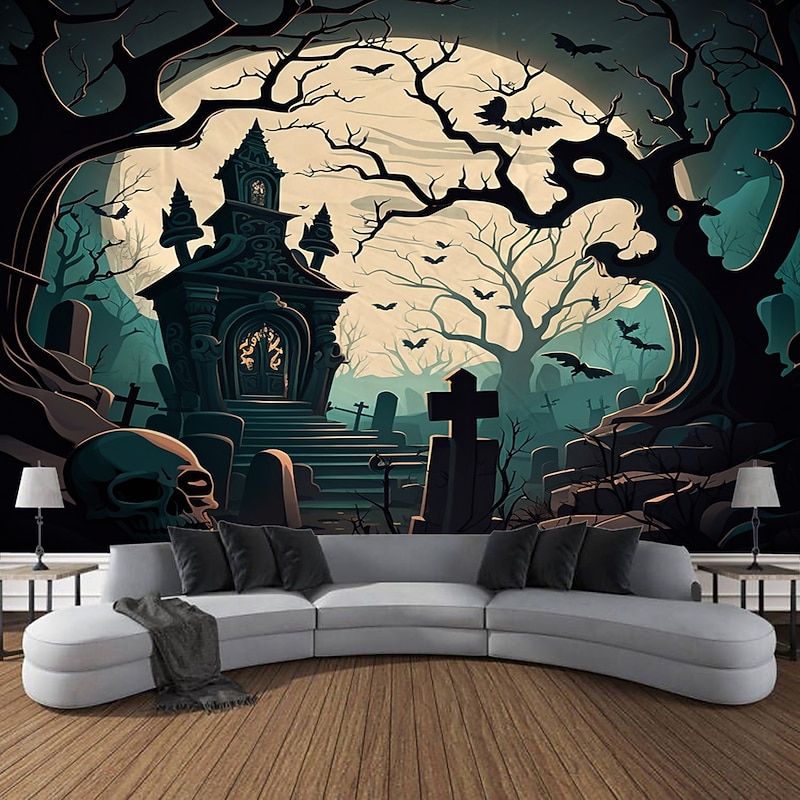 Halloween Decorations Wall Art Large Tapestry Mural Photo Background Blanket Curtains Bedroom Living Room Decoration Horror Pumpkin Monster Graveyard Haunted House