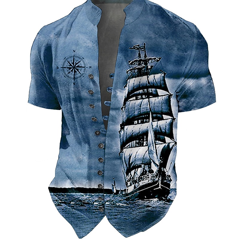 Men's Nautical Vintage Sailboat Shirt Button Up Shirt Short Sleeve Fashion Streetwear Designer Outdoor Vacation Daily Summer Spring Stand Collar Print Blue-Green Yellow Blue Fuchsia Green2