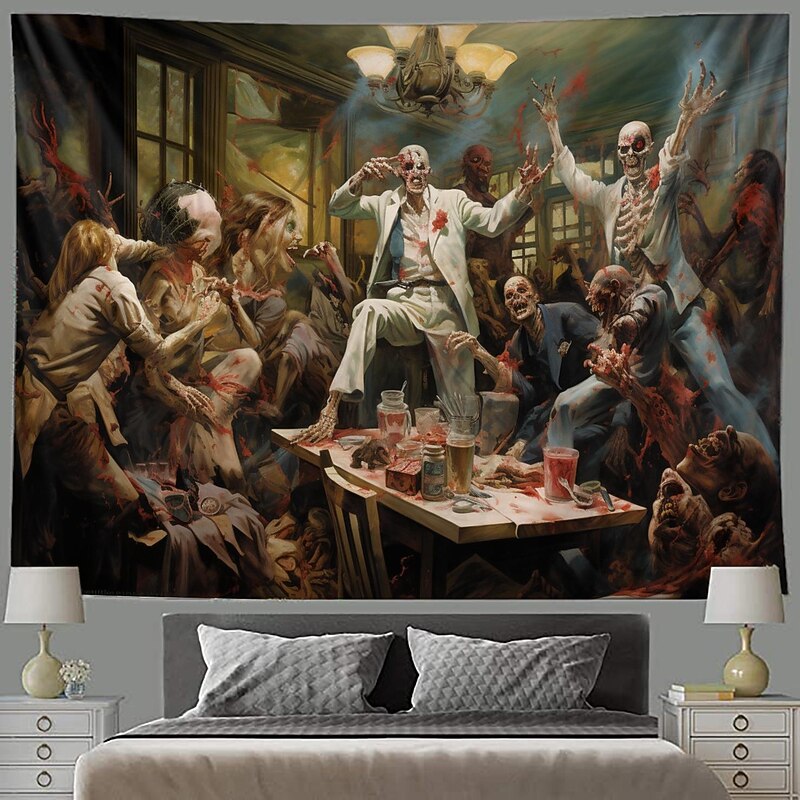 Halloween Party Horror Hanging Tapestry Wall Art Large Tapestry Mural Decor Photograph Backdrop Blanket Curtain Home Bedroom Living Room Decoration Skull Zombie Blood Halloween Decorations