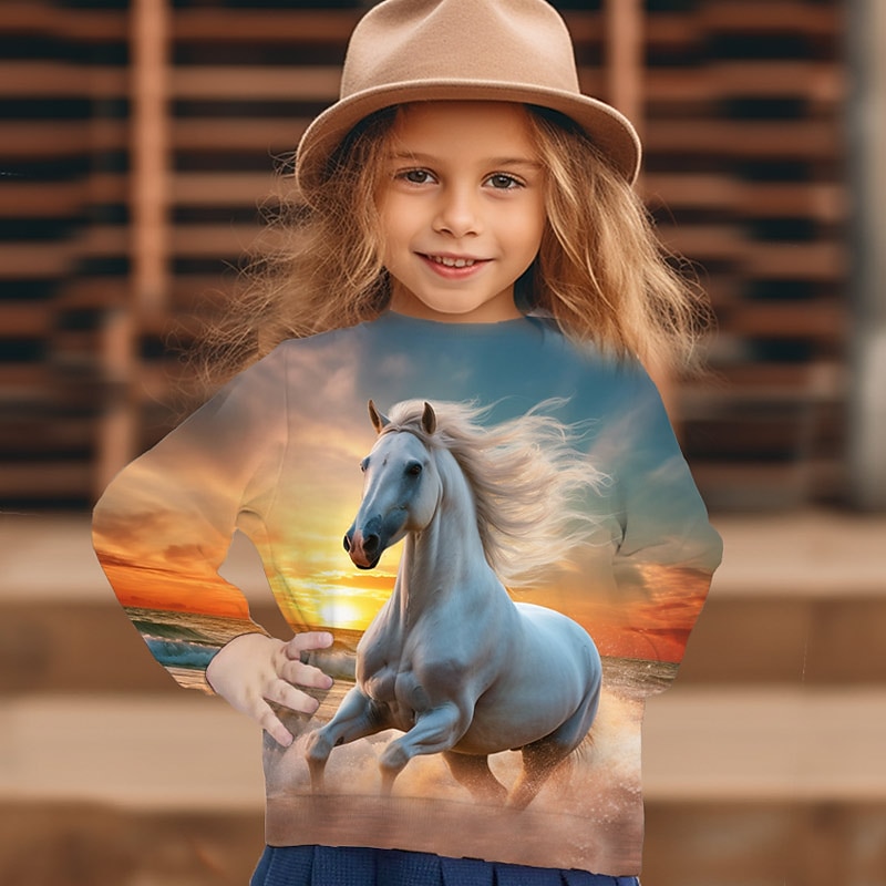Girls' 3D Graphic Animal Horse Sweatshirt Long Sleeve 3D Print Summer Fall Fashion Streetwear Adorable Polyester Kids 3-12 Years Outdoor Casual Daily Regular Fit4
