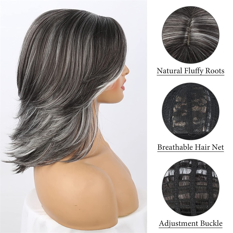 Dark Gray Ombre Layered Wigs with Curtain Bangs for Black Women,Synthetic Short Gray Highlight Wavy Layered Curly ,Black ang Grey Wavy Bob Wig for Daily Use4