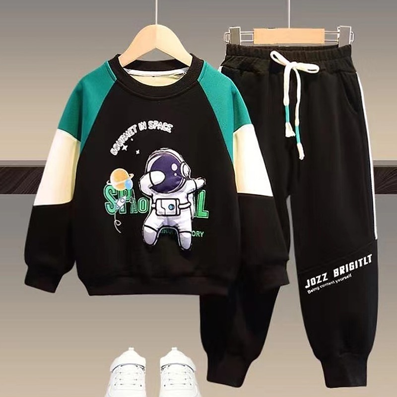 2 Pieces Kids Boys Hoodie & Pants Sweatshirt & Pants Clothing Set Outfit Color Block Letter Astronaut Long Sleeve Pocket Set School Sports Fashion Daily Fall Winter 7-13 Years Black Navy Blue Gray2