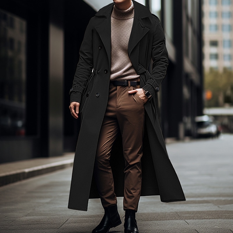 Men's Peacoat Long Trench Coat Going out All Seasons Polyester Lightweight Outerwear Clothing Apparel Streetwear Plain Turndown Double Breasted4