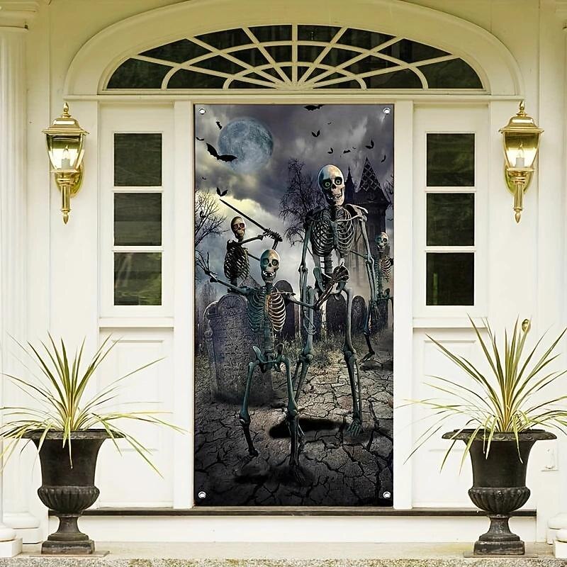 Halloween Tapestry Door Cover Skeleton Bone Backdrop Halloween Wall Decoration Front Door or Indoor Home Decor Halloween Party Decorations 1 Piece Halloween Decorations4
