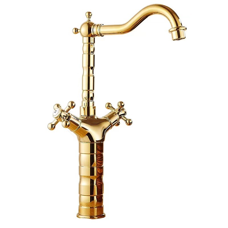 Bathroom Sink Mixer Faucet Short Tall Vessel Basin Taps, Vintage Brass Twin Handle Tap with Cold and Hot Hose3