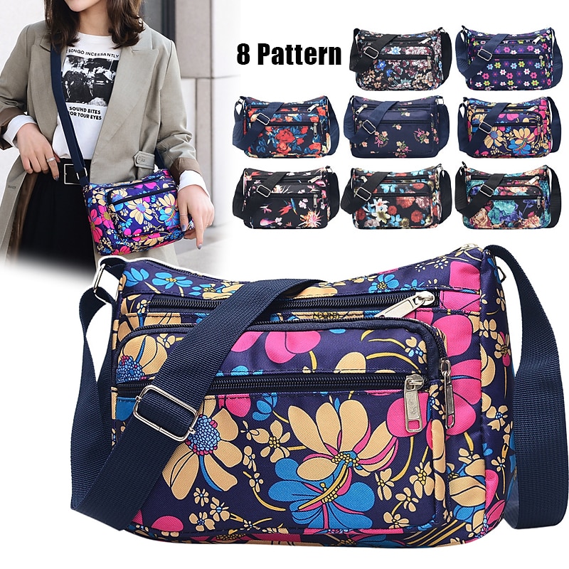 Women's Floral Crossbody Shoulder Bag, Lightweight Waterproof Nylon Purse with Multi Zipper Pockets, Casual Travel Handbag for Daily Use and Vacation