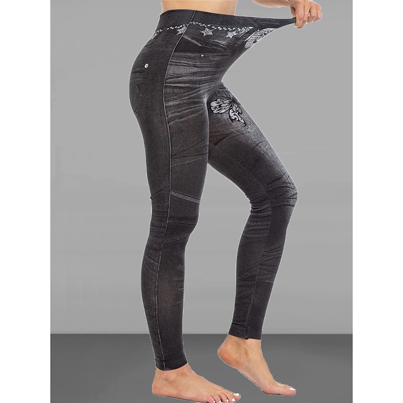 Women's Slim Pants Trousers Leggings Fashion Streetwear Casual Full Length High Waist Butterfly Pocket Print High Cut Breathability Comfortable High Elasticity Street Causal Daily Black Blue Summer2