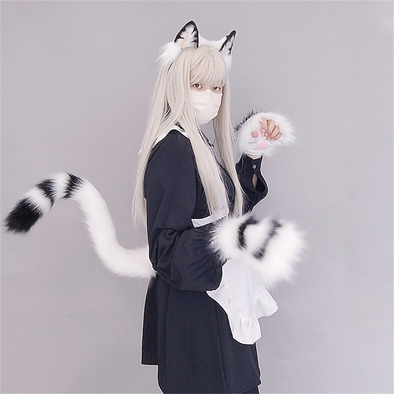 Cute Plush Beast Ear Headwear Open Finger Gloves Beast Tail Cosplay Prop Accessories Hair Accessories Cat Tail Set3