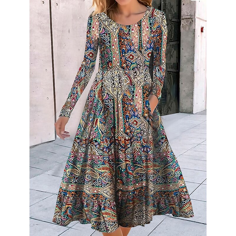 Women's Midi Dress A Line Dress Casual Dress Winter Dress Swing Dress Fashion Streetwear Mature Formal Outdoor Vacation Regular Fit Geometric Color Block Tribal Long Sleeve Crew Neck Black Red