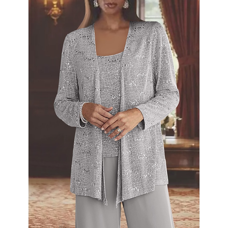 Pantsuit 3 Piece Beach Wedding Mother of the Bride  Wedding Guest Elegant Scoop Neck Floor Length Chiffon Lace Sleeveless Wrap Included with Sequin3