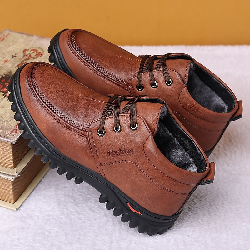 Men's Brown Faux Leather Winter Boots with Warm Plush Lining, Lace-Up Ankle Boots with Non-Slip Sole for Outdoor and Casual Wear3